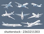 Passenger aircraft mega set elements in flat design. Bundle of flying planes with aviation turbine wings, airplanes in front, takeoff or landing views. Vector illustration isolated graphic objects