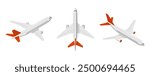 Passenger aircraft set. Flying plane collection. Airplane top view, takeoff and landing views. Isolated graphic eps air transport