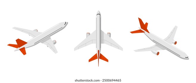 Conjunto de aviones de pasajeros. Colección de avión volador. Vista superior del avión, vistas de despegue y aterrizaje. Transporte aéreo de eps gráfico aislado