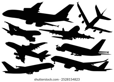 Passenger aircraft Vector. Iron birds, airplanes, air liners. Travel concept vacation silhouette. Commercial airplane silhouette takeoff landing in flight. Air Traveling, civil aviation illustration.