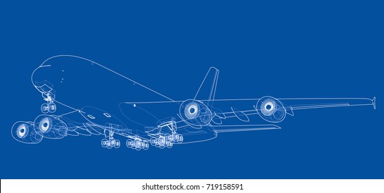 Passenger aircraft. Vector rendering of 3d. Wire-frame style. The layers of visible and invisible lines are separated