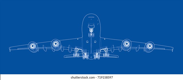 Passenger aircraft. Vector rendering of 3d. Wire-frame style. The layers of visible and invisible lines are separated