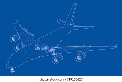 Passenger aircraft. Vector rendering of 3d. Wire-frame style. The layers of visible and invisible lines are separated