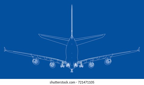Passenger aircraft. Vector rendering of 3d. Wire-frame style. The layers of visible and invisible lines are separated