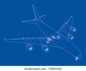 Passenger aircraft. Vector rendering of 3d. Wire-frame style. The layers of visible and invisible lines are separated