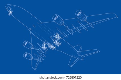 Passenger aircraft. Vector rendering of 3d. Wire-frame style. The layers of visible and invisible lines are separated