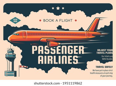 Passenger airline tickets booking service vintage vector poster. Airliner flying in sky, airport tower building and windsock. Airline travel and airplane commercial flight plan promo retro poster