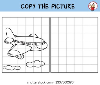 Avión de pasajeros. Copia la imagen. Libro de colorear. Juego educativo para niños. Ilustración vectorial de dibujos animados