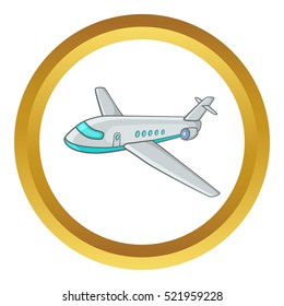 Passenger airliner vector icon in golden circle, cartoon style isolated on white background