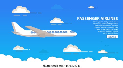 Passenger airlines. Clouds blue sky airplane.Jet plane.Aviation airliner.Poster flat vector.Travel concept. Banner for the website of the travel company.