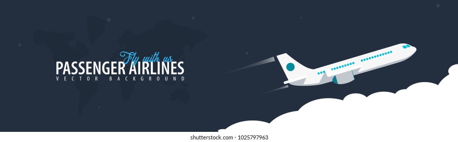 Passenger Airlines. Clouds sky background with airplane. Vector illustration