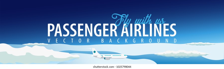 Passenger Airlines. Clouds sky background with airplane. Vector illustration