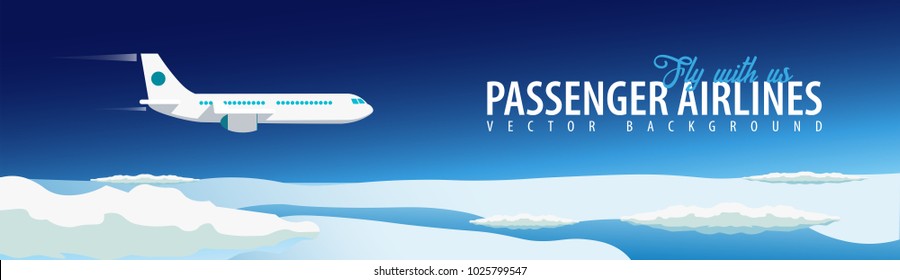 Passenger Airlines. Clouds sky background with airplane. Vector illustration