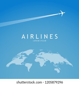 Passenger Airlines. Modern airline logotype. Sky background with airplane.  for travel agencies, aviation companies.  Vector illustration.