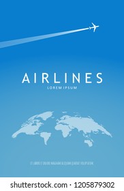 Passenger Airlines. Modern airline logotype. Sky background with airplane.  for travel agencies, aviation companies.  Vector illustration.