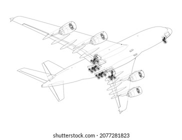 Passenger Airoplane. Vector rendering of 3d. Wire-frame style. The layers of visible and invisible lines are separated