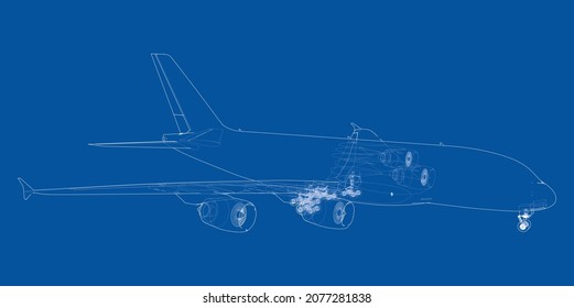 Passenger Airoplane. Vector rendering of 3d. Wire-frame style. The layers of visible and invisible lines are separated