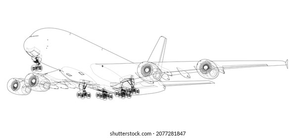 Passenger Airoplane. Vector rendering of 3d. Wire-frame style. The layers of visible and invisible lines are separated