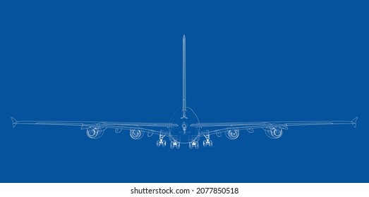 Passenger Airoplane. Vector rendering of 3d. Wire-frame style. The layers of visible and invisible lines are separated