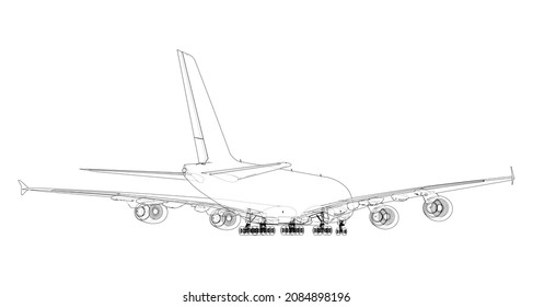 Passenger Airoplane. Vector rendering of 3d. Wire-frame style. The layers of visible and invisible lines are separated