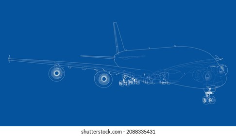 Passenger Airoplane. Vector rendering of 3d. Wire-frame style. The layers of visible and invisible lines are separated