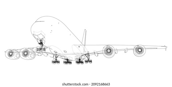 Passenger Airoplane. Vector rendering of 3d. Wire-frame style. The layers of visible and invisible lines are separated
