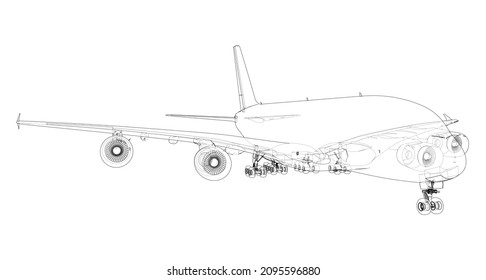 Passenger Airoplane. Vector rendering of 3d. Wire-frame style. The layers of visible and invisible lines are separated