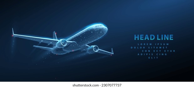 Passenger airplane in air. Isolated on blue. Air transport navigation, aircraft innovation, travel concept, futuristic tech, aviation technology, AI in aviation, night flight, cargo journey