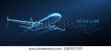 Passenger airplane in air. Isolated on blue. Air transport navigation, aircraft innovation, travel concept, futuristic tech, aviation technology, AI in aviation, night flight, cargo journey