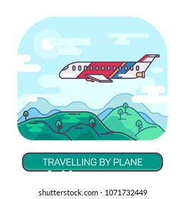 Passenger airplane or airbus, plane flying in sky above mountains, jet aircraft of tourism or jaunt airlines. Travel and vacation, flight and aviation, deliver vehicle,transportation and journey theme