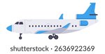 Passenger airplane with blue and gray elements standing on the ground, side view of a modern aircraft parked on the runway or in the hangar, concept of commercial aviation and air travel
