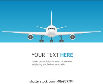Passenger Airplane Card Template. Jet Front View. Vector illustration of Flying Boeing airliner blue travel background for Banner. Aircraft take off.
