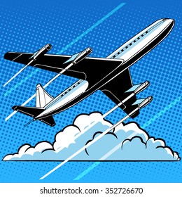 Passenger airplane in the clouds retro background pop art  style. Travel and aviation. Transport and flights