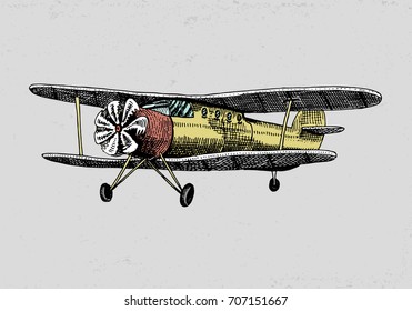 passenger airplane corn cob or plane aviation travel illustration. engraved hand drawn in old sketch style, vintage transport.