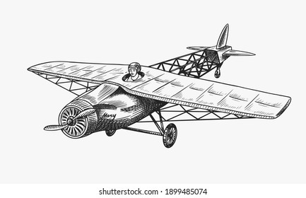 Passenger airplane corncob or plane aviation travel illustration. Engraved hand drawn in old sketch style, vintage transport.