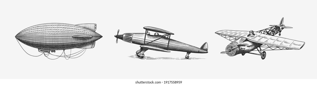 Passenger airplane corncob or plane aviation. Airship or zeppelin and dirigible or blimp. Travel illustration. Engraved hand drawn in old sketch style, vintage transport.