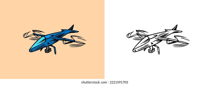 Passenger airplane corncob or plane aviation travel illustration. Engraved hand drawn in old sketch style, vintage transport.