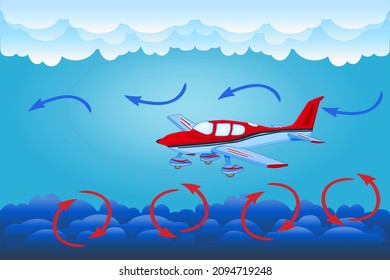 Passenger airplane entering the turbulence zone. Plane flying in sky over dark and light clouds. Aircraft flies during overcast and bad weather. Turbulence concept. Stock vector illustration