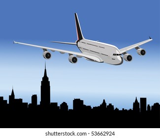 The passenger airplane flies above the large city