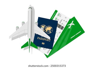 Passenger airplane flying above international passport with airway flight green ticket. Personal identification document and airline boarding pass. Air travel journey booking sign with citizenship id