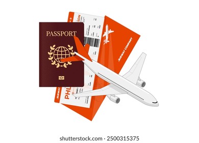 Passenger airplane flying above international passport with airway flight red ticket. Personal identification document and airline boarding pass. Air travel journey booking sign with citizenship id