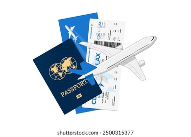 Passenger airplane flying above international passport with airway flight blue ticket. Personal identification document and airline boarding pass. Air travel journey booking sign with citizenship id