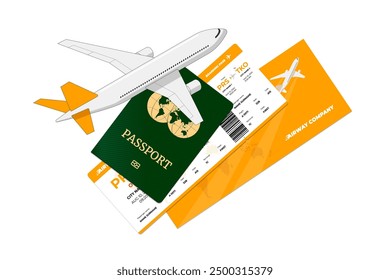 Passenger airplane flying above international passport with airway flight yellow ticket. Personal identification document and airline boarding pass. Air travel journey booking sign with citizenship id