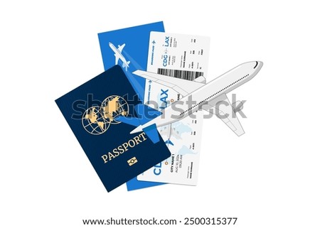 Passenger airplane flying above international passport with airway flight blue ticket. Personal identification document and airline boarding pass. Air travel journey booking sign with citizenship id