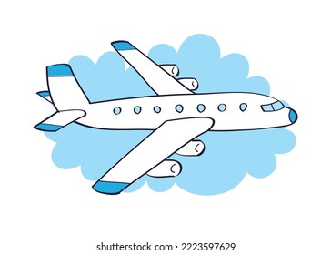 Passenger airplane flying in a blue sky cartoon vector illustration