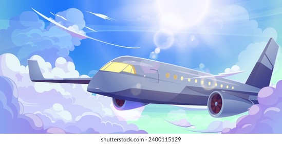 Passenger airplane flying high in sky above clouds against blue sky with sun. Cartoon vector landscape with liner making flight. Banner for aviation services and vacation travel on jet concept.