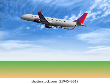 Passenger airplane flying over green and orange landscape under cloudy blue sky