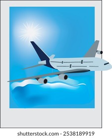 Passenger airplane flying over ocean on sunny day, seen in framed photo, concept of travel and tourism