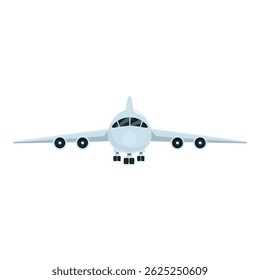 Passenger airplane flying in the sky, front view of aircraft with four engines