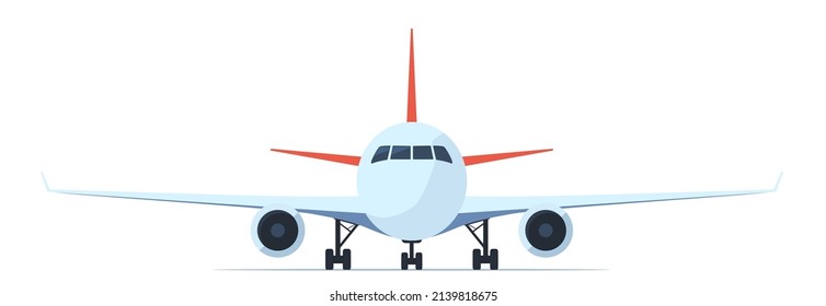 Avión de pasajeros, vista frontal. Ilustración vectorial plana del avión con ojos de buey, alas y motores